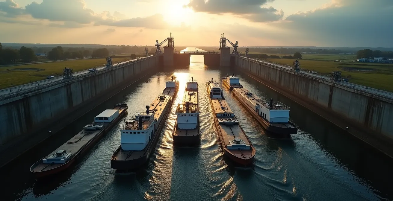 Binnenschiffe warten vor einer Schleuse am deutschen Kanal