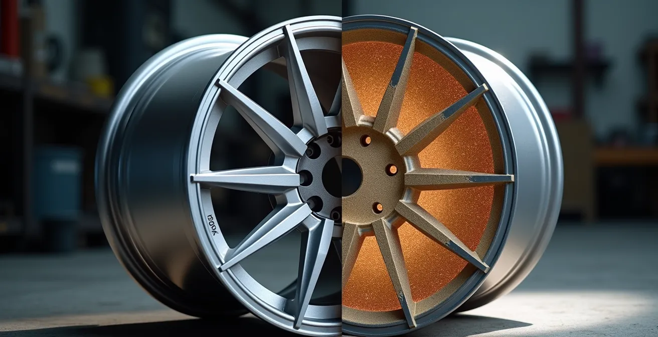 Querschnitt einer Schmiedefelge zeigt verdichtete Aluminiumstruktur im Vergleich zu Gussfelge