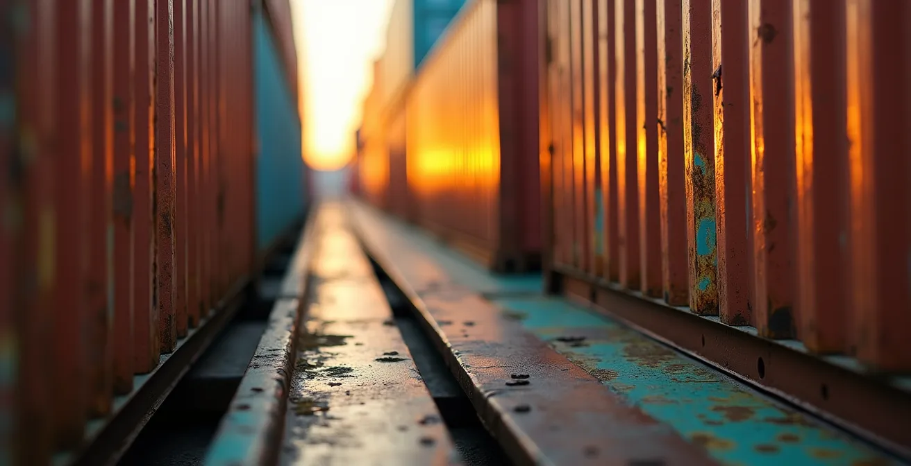 Luftaufnahme eines beladenen Containerschiffs als schwimmendes Lager auf dem Rhein