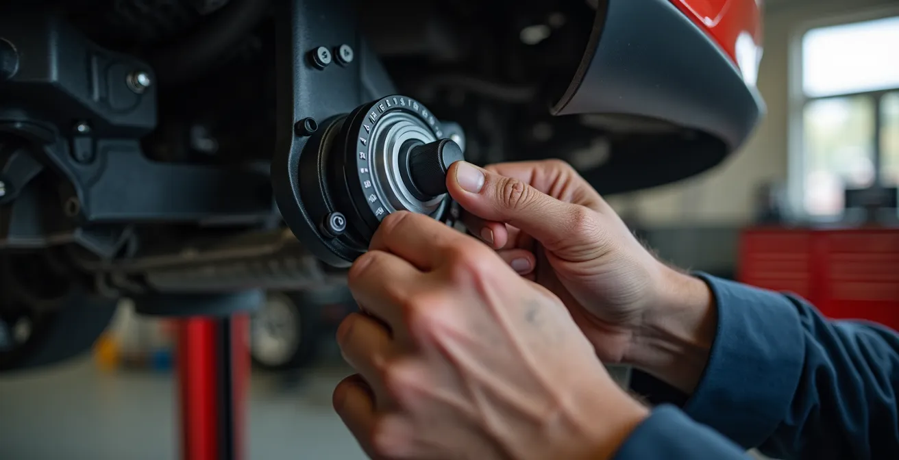 Nahaufnahme von Händen, die Einstellungen an einem Gewindefahrwerk-Dämpfer vornehmen