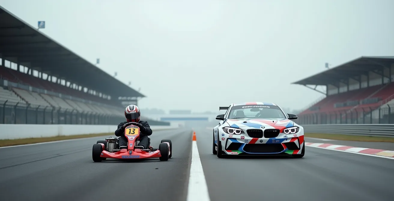 Vergleichsaufnahme zeigt Kart und Rennauto nebeneinander auf der Rennstrecke