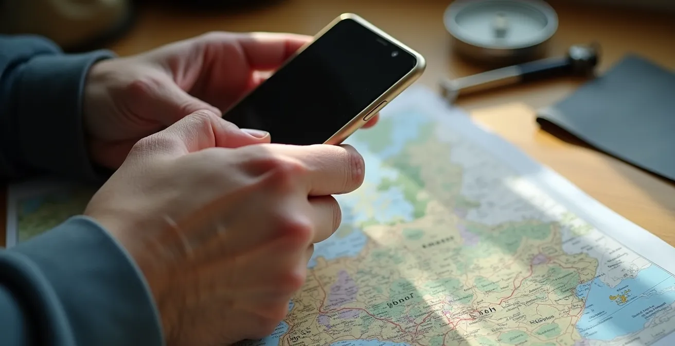 Eine Person hält ein Smartphone über eine Landkarte, um einen Stellplatz per Satellitenbild zu überprüfen.
