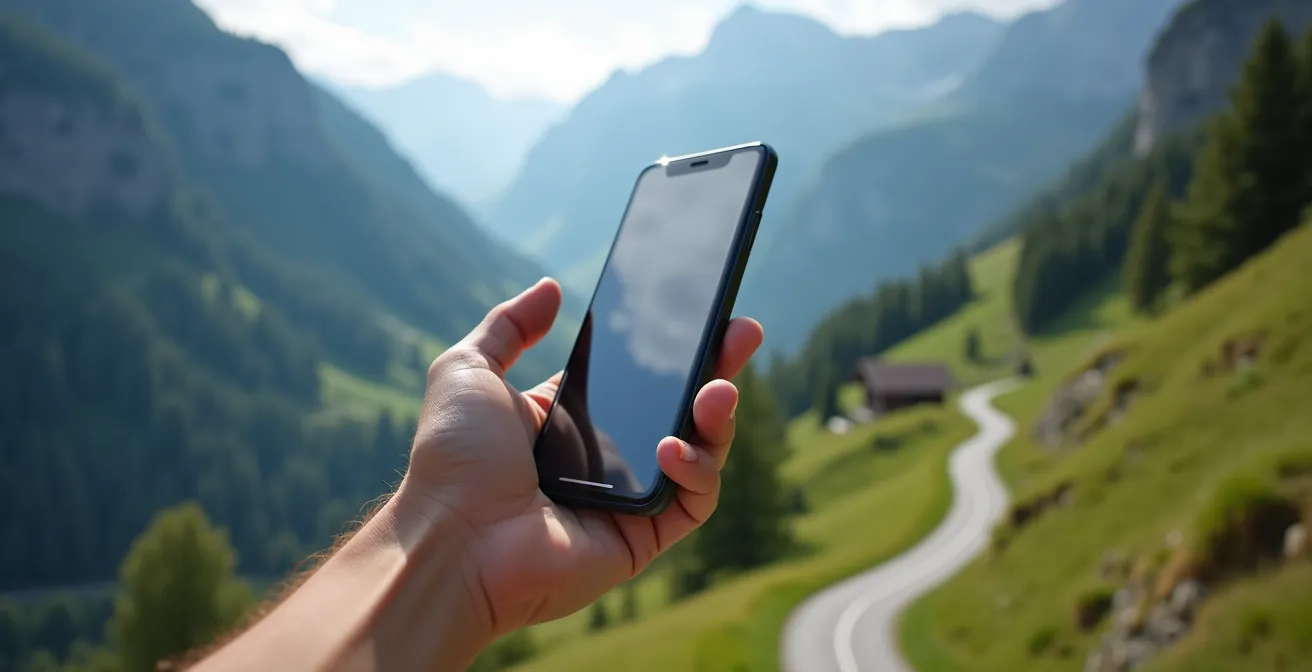 Hand hält Smartphone mit Kartenanzeige vor Bergpanorama