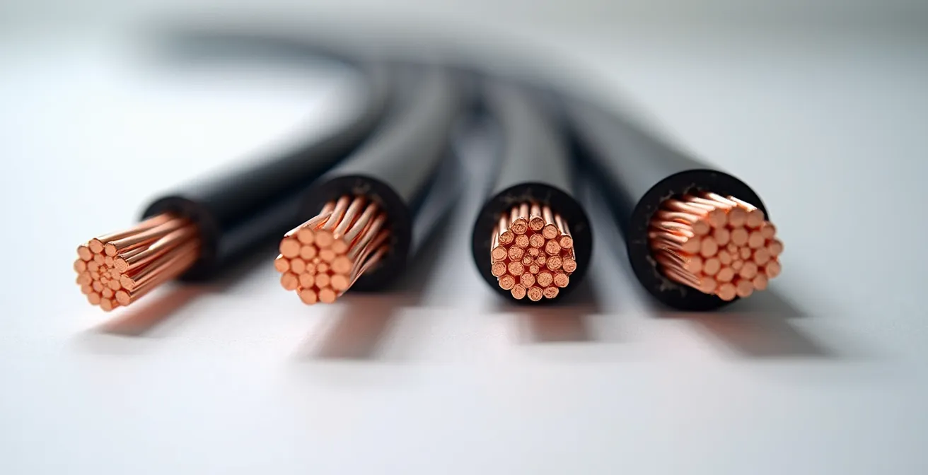 Vergleich verschiedener Starthilfekabel-Querschnitte, die den Unterschied in der Dicke der Kupferlitzen zeigen.