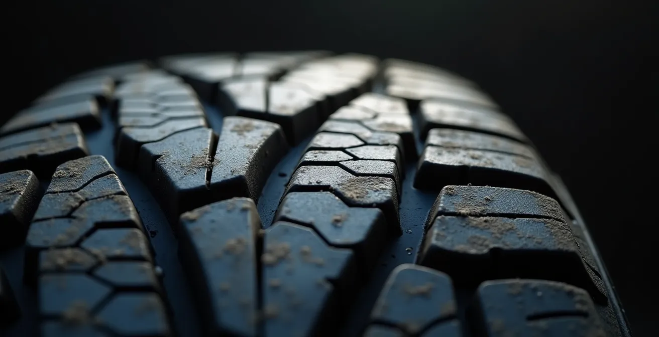 Makroaufnahme eines abgenutzten SUV-Reifenprofils mit sichtbarem ungleichmäßigem Verschleiß an der Reifenschulter.