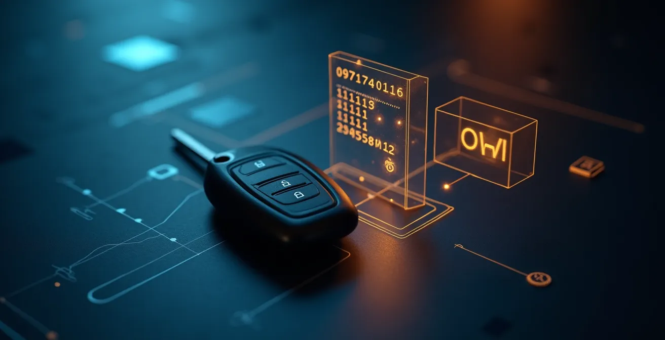 Symbolische Darstellung von Fahrzeugdaten und Datenschutz mit modernem Auto und abstrakten Datenelementen