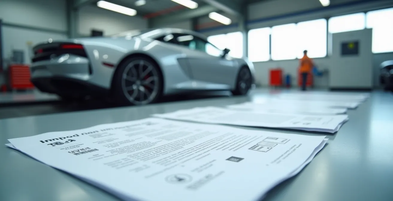 TÜV-Prüfungssituation mit Dokumenten und Fahrzeug in Werkstatt