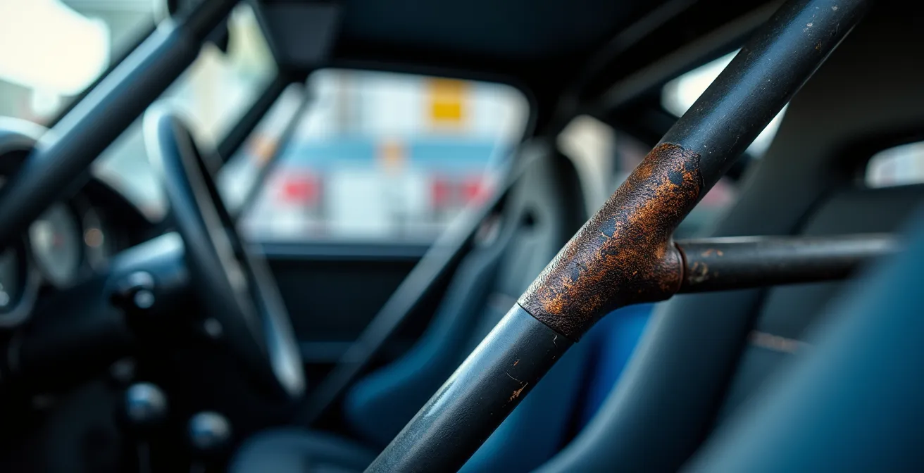 Detailansicht eines verschweißten Überrollkäfigs im Rallye-Auto, die die extreme Steifigkeit verdeutlicht.