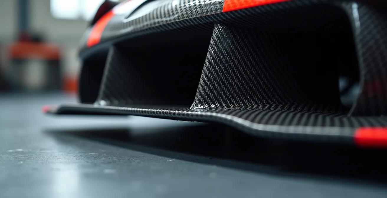 Detailaufnahme der Unterboden-Aerodynamik eines GT3 Rennwagens