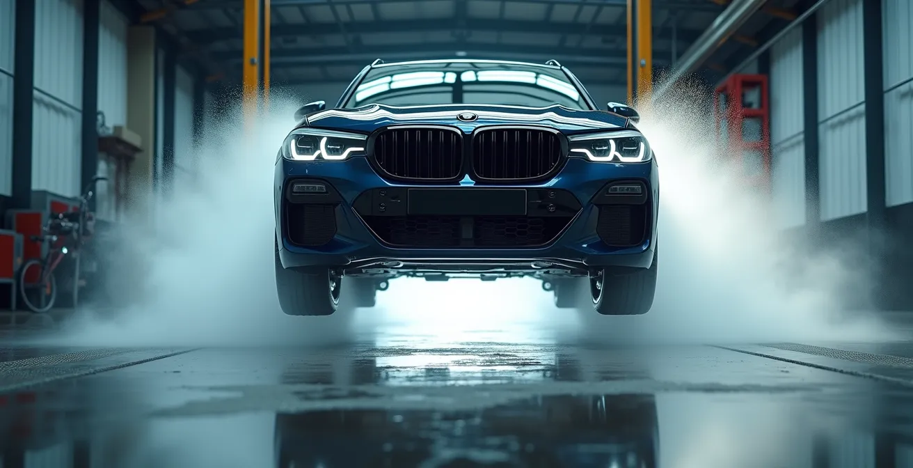 Detailaufnahme eines Fahrzeugunterbodens während einer professionellen Reinigung mit Hochdruckwasser zur Entfernung von Salz und Schmutz