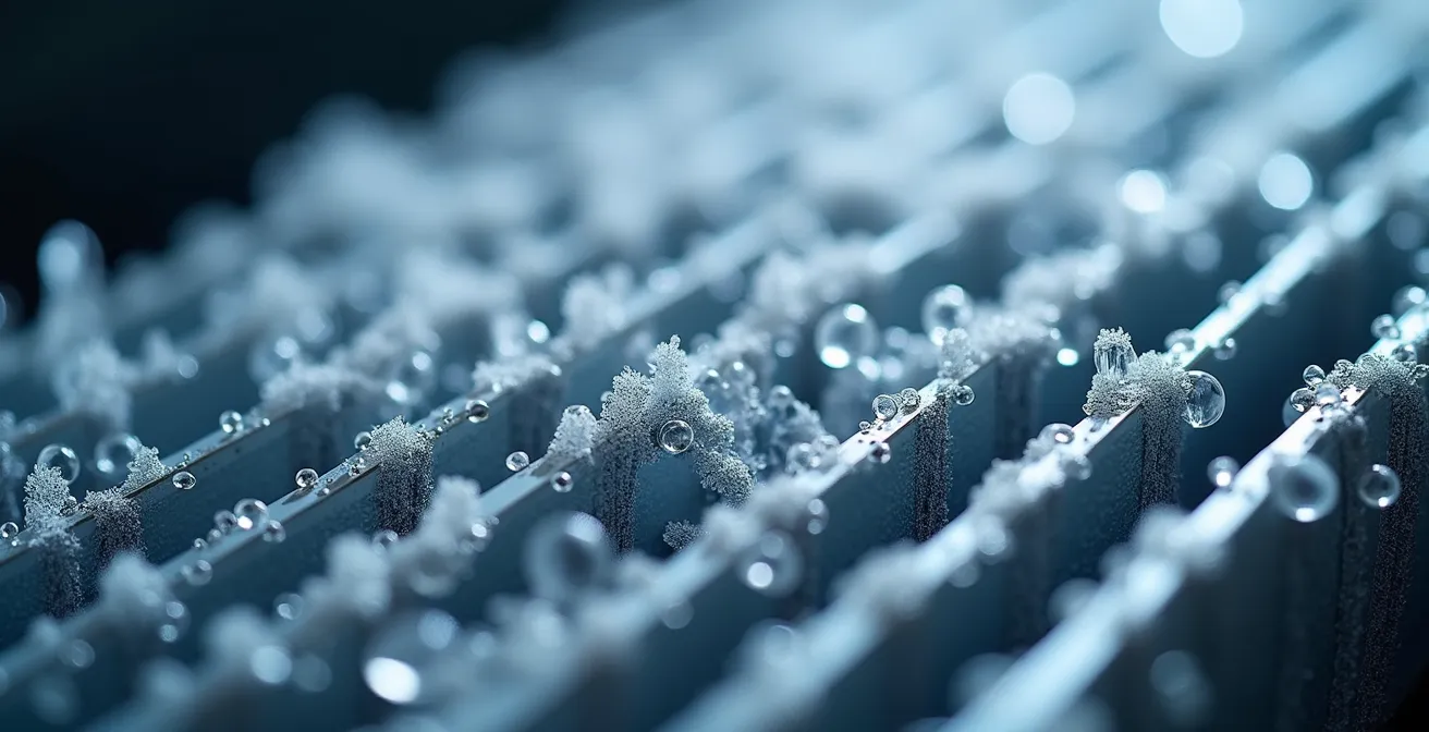 Detailaufnahme eines Verdampfers während der professionellen Reinigung in einem Kühlauflieger