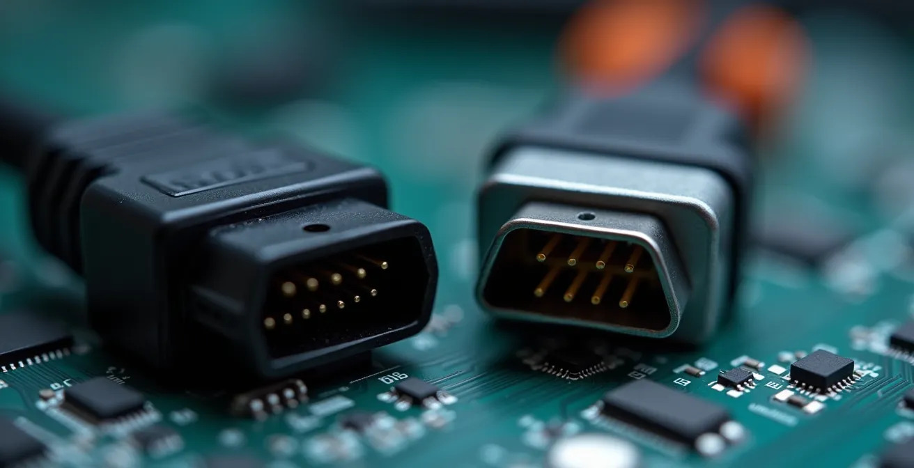 Makroaufnahme zweier Diagnosegeräte-Anschlüsse im direkten Vergleich