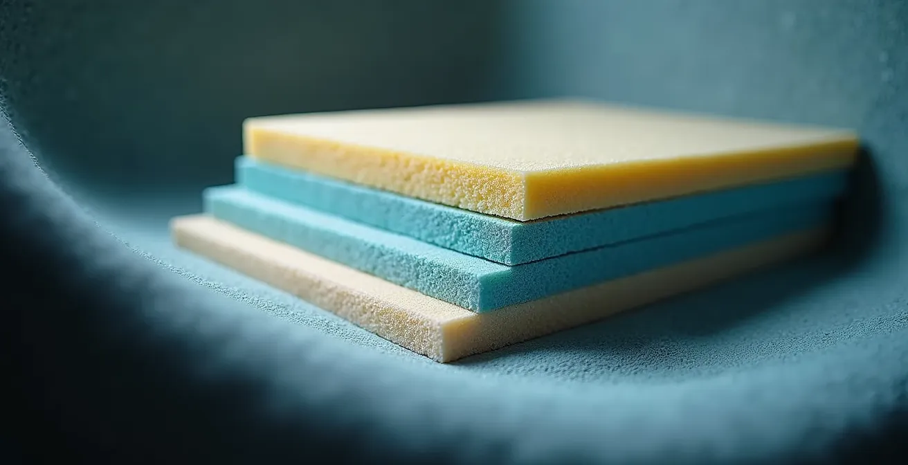 Detailaufnahme der unterschiedlichen Schaumstoffstrukturen eines medizinischen Sitzes und eines Sportsitzes im Vergleich.