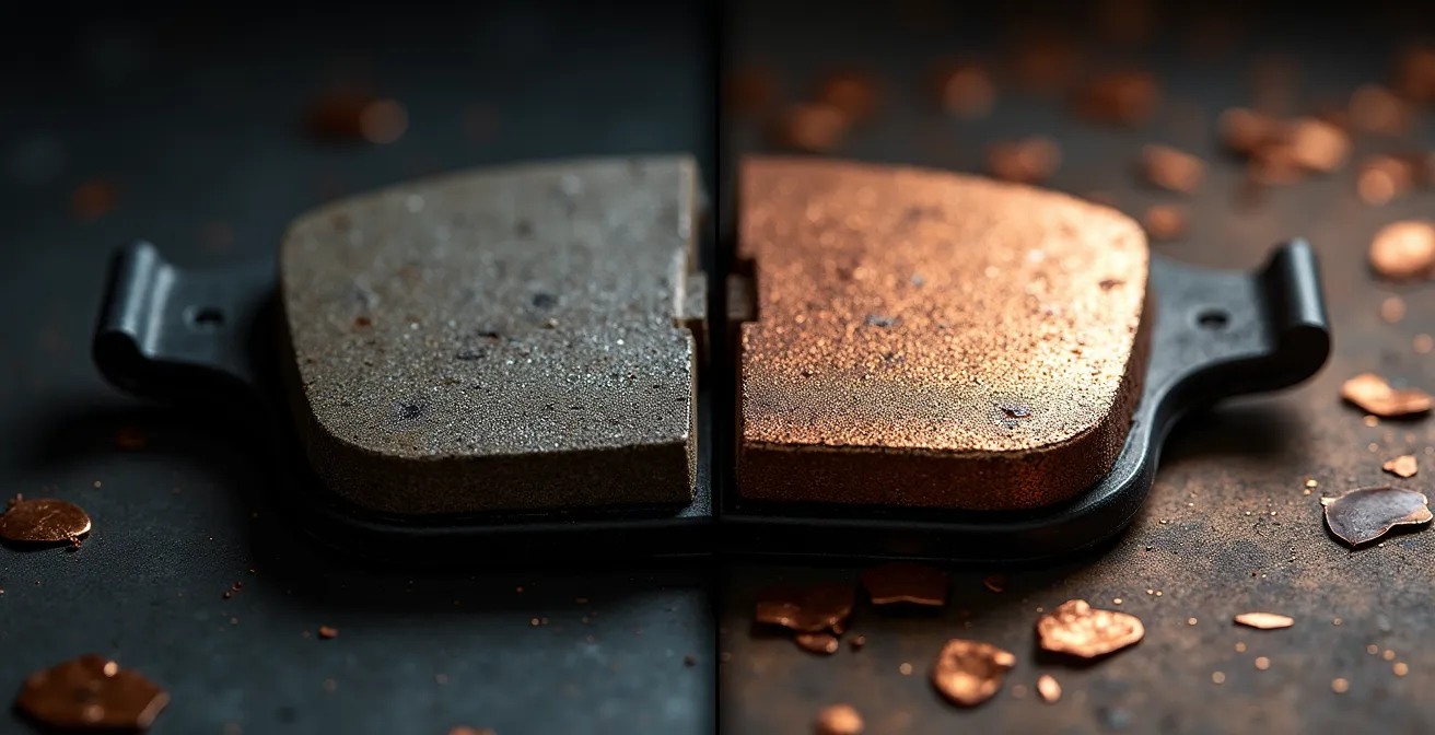 Vergleichsaufnahme der Oberflächenstruktur von organischen und Sinter-Bremsbelägen