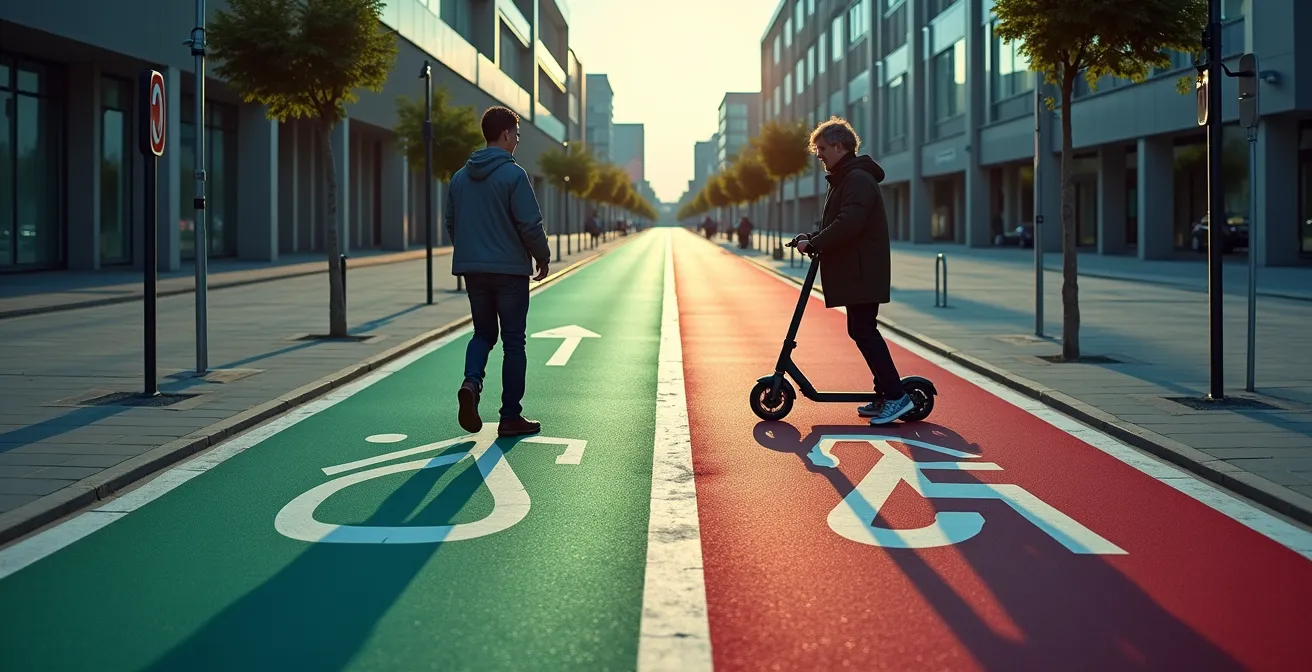 Deutsche Verkehrszeichen für Radweg und E-Scooter-Nutzung im städtischen Kontext