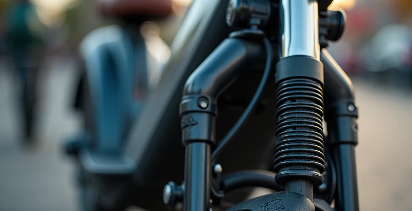 Zwei Vespa Roller nebeneinander geparkt vor moderner deutscher Stadtarchitektur, links elektrisch, rechts klassisch