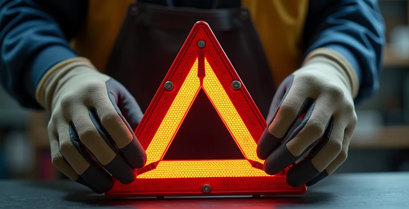 Detailaufnahme des Klappmechanismus eines Warndreiecks