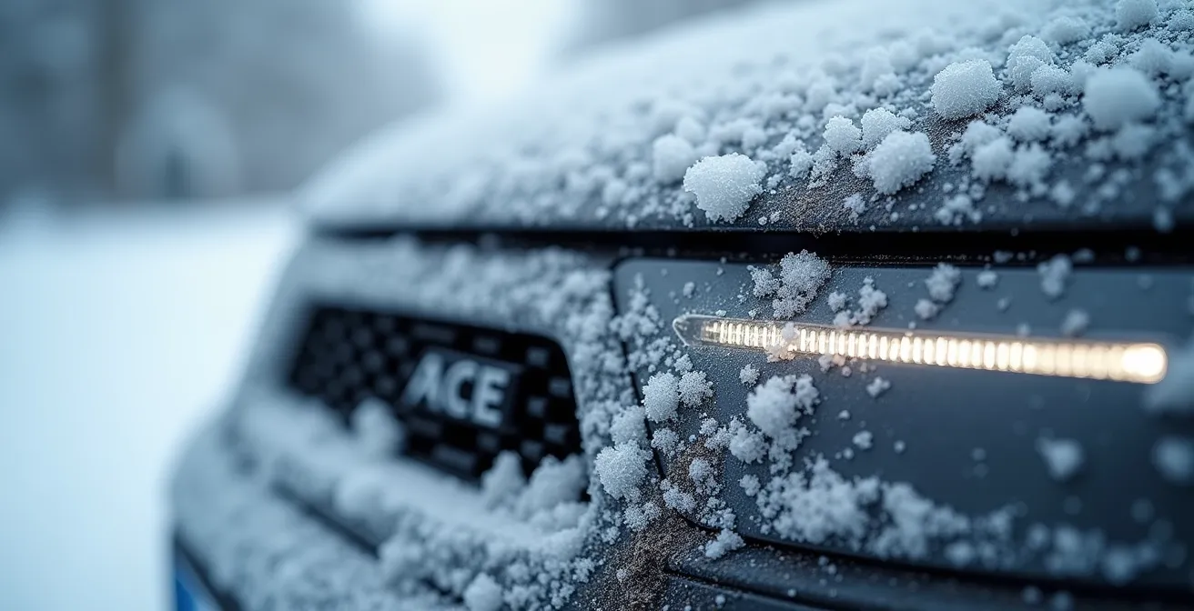 Nahaufnahme schneebedeckter Fahrzeugsensoren bei winterlichen Bedingungen