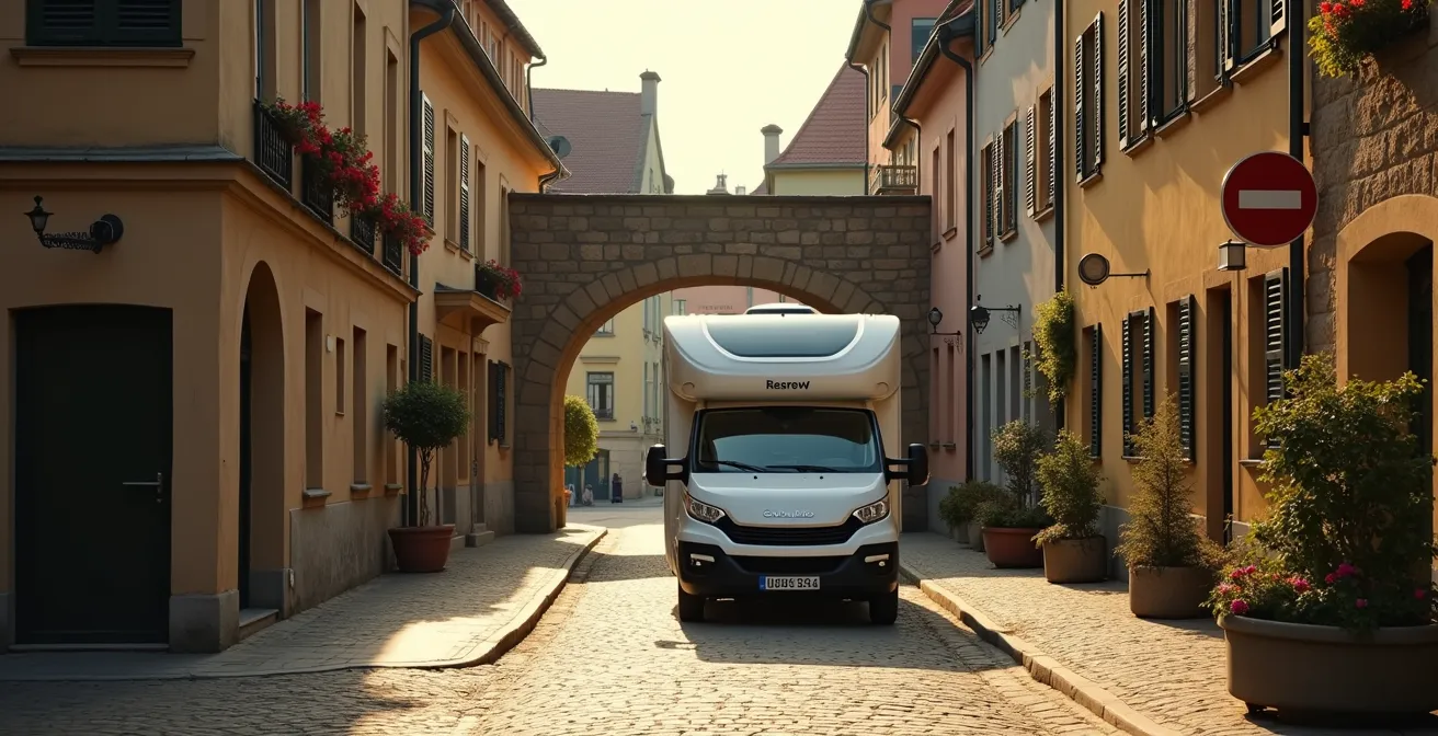 Wohnmobil vor niedriger Unterführung mit Höhenbeschränkungsschild